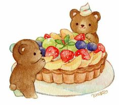 two teddy bears standing next to a cake with fruit on it and one bear looking at the pie