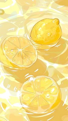 two lemons and one orange are floating in the water on a yellow background with bubbles