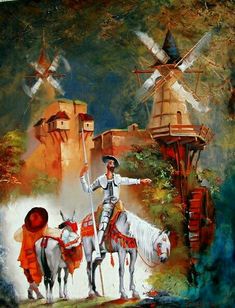 a painting of a man riding on the back of a white horse next to windmills