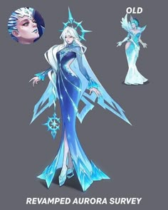 the concept art for frozen queen aurora survey is shown in blue and white, with an icy