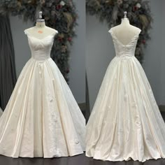 two pictures of the same wedding dress on mannequins in front of a wreath