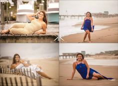 four different pictures of a woman posing on the beach with her feet up and one laying down