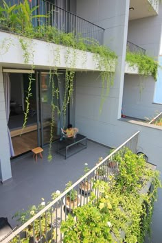 an apartment balcony with plants growing on the balconies