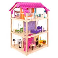 a wooden doll house with furniture and accessories on the top floor, including a pink roof