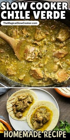 slow cooker chile verde recipe with tortillas and salsa in the foreground