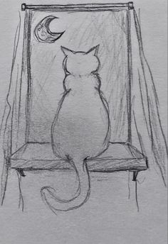 a drawing of a cat sitting on a window sill looking at the moon and stars