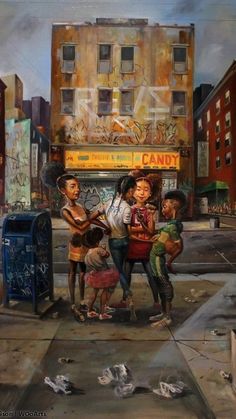 an oil painting of children playing on the sidewalk