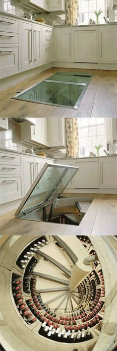 the inside of a kitchen with white cabinets and an upside down spiral staircase in it