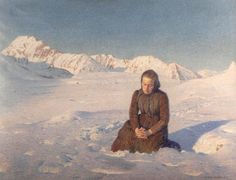 a painting of a woman sitting in the snow with mountains in the backgroud