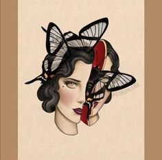 a woman's face with butterflies on her head and the image is made up of moths