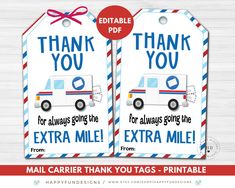 two thank tags with the words, thank you and an extra mile from mail carrier