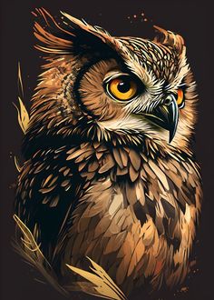 an owl with yellow eyes sitting on top of a tree branch in front of a dark background