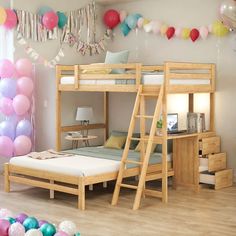 a bedroom with bunk beds and balloons on the wall above it, along with other decorations