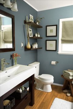 a white toilet sitting next to a bathroom sink in a blue room with wooden floors