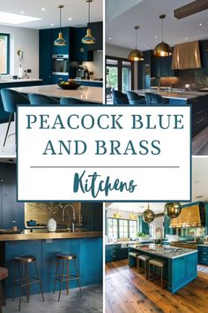 the kitchen is decorated in teal and brass with blue cabinets, counter tops, and stools