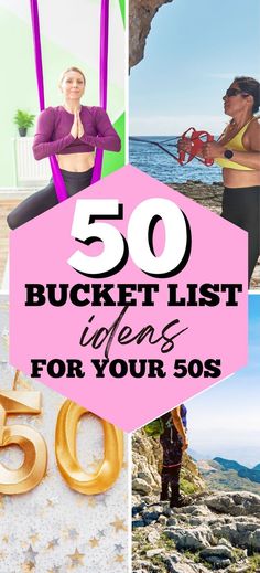 the words 50 bucket list ideas for your sos are shown in gold letters and photos