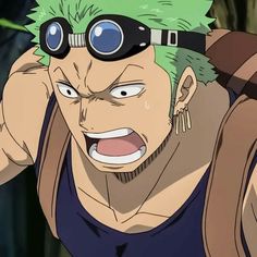 an anime character with green hair and goggles