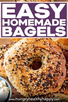 bagels with sesame seeds on top and the title overlay reads easy homemade bagels