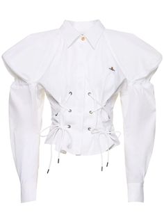 Vivienne Westwood Clothes, Vivienne Westwood Bags, Laced Up Shirt, The Vivienne, Cotton Poplin Shirt, Puffy Sleeves, Corset Style, Poplin Shirt, Balloon Sleeves