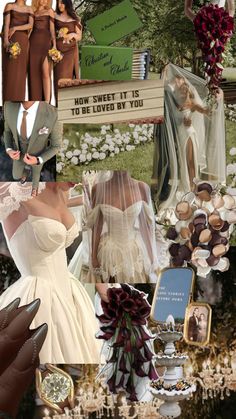 a collage of wedding photos with flowers and other things in the background, including bride's dress