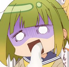 an anime character with green hair and white eyes has her mouth open to the camera