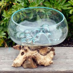 a glass bowl sitting on top of a wooden table next to some trees and bushes