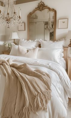 a bed with white sheets and pillows in a bedroom next to a chandelier