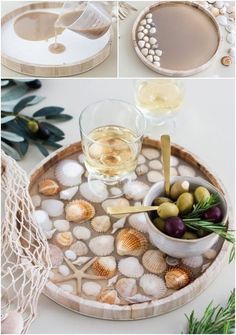 there are several different pictures of shells on the table and in bowls with olives