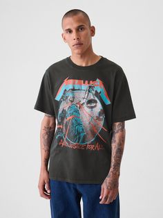 Soft cotton graphic T-shirt.  Crewneck.  Short sleeves.  Metallica graphic at front.  Fit: Relaxed.  A straight & easy fit with a relaxed sleeve.  For a Classic fit, go down one Graphic Band Tees, Brand Collaboration, Band Tees, New Woman, Labour Day, Oasis, Metallica, Baby Toddler, Graphic T Shirt