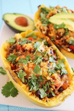 two stuffed squash halves filled with mexican food and garnished with cilantro