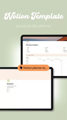 two laptops sitting next to each other on top of a green background with the words, national template personal life planner