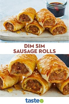 sausage rolls are stacked on top of each other