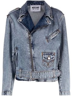 Denim Biker Jacket, Moschino Jeans, Biker Jeans, Acid Wash Denim, Notched Collar, Jacket Design, Peace Sign, Steel Blue