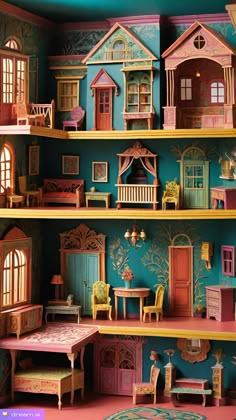 a doll house with lots of furniture and accessories on the top shelf in front of it