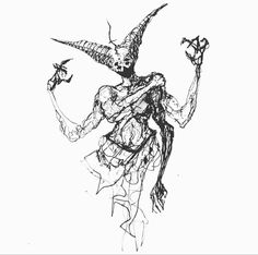 a black and white drawing of a demon holding a knife in one hand with two other hands