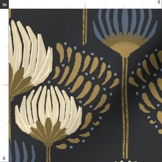 a black and gold wallpaper with large flowers on the left side is shown in this image