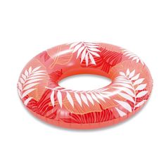 an inflatable swimming ring with red and white palm leaves on the inside, against a white background