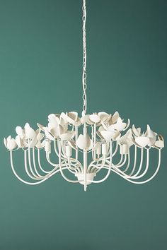 a chandelier with white flowers hanging from it