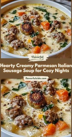 Whip up this easy creamy Parmesan Italian sausage soup for a delicious and satisfying dinner in no time. Things To Do With Sausage, Creamy Based Soup, Creamy Italian Sausage Soup Recipes, Creamy Italian Sausage Pasta Soup, Italian Sausage Recipes For Dinner Soup, Crockpot Soup With Italian Sausage, Crockpot Soups Sausage, Jimmy Dean Sausage Soup Recipes, Creamy Sausage Parmesan Soup