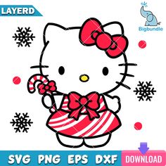 the hello kitty is holding a candy cane in her hand and wearing a red bow