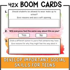 a poster with text that says,'12x boom cards should everyone feel the same way about social skills for teens?