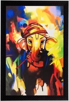 an elephant with a hat on its head is painted in multicolors and black