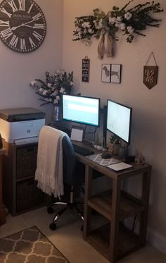 a desk with two computer monitors on it