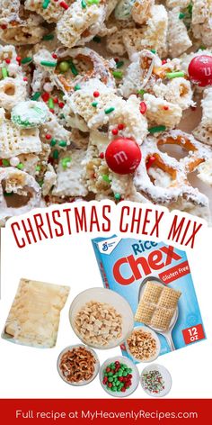 christmas chex mix recipe with cereal and pretzels on the side, including crackers