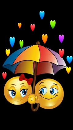 two emoticions holding an umbrella with hearts coming out of their faces on a black background