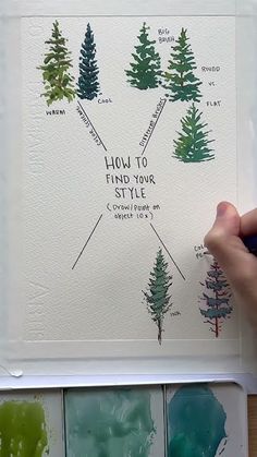 someone is drawing trees on paper with watercolors