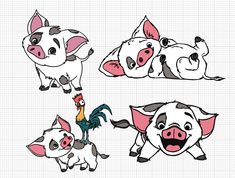 the farm animals are drawn in different ways, including pig, cow, and chicken