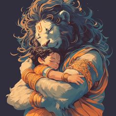 a lion hugging a child with its head on his chest