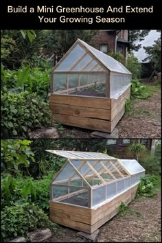 a small greenhouse is shown in three different stages, including the roof and side walls