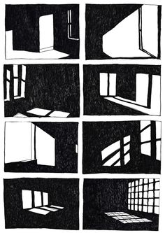 black and white drawings of windows with light coming through them